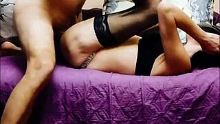 skinny milf wife strips lingerie stockings for homemade porno session