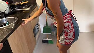 Cleaning Latina maid skips chores to swallow huge cock cum