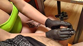 Black oiled gloves stroke pussy to intense pleasure