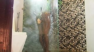 hot ebony milf moans with new toy in shower gets caught by daddy 😩💦 wet pussy dripping