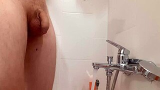 shysam4's skinny shaved shower anal with ball kicking and small cock fun