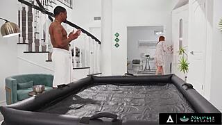 Birthday boyfriend gets dream nuru threesome massage from hot wife Sophia Locke and friend