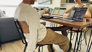 Cute gf deepthroats big cock gagging while i try working from home