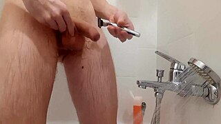 shysam4's skinny shaved shower anal with ball kicking and small cock fun