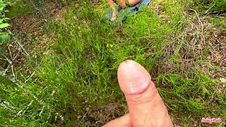 horny bush wanks big pussy lips outdoor with muscular handjob