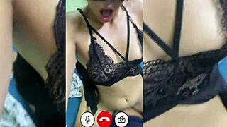 Submissive slut calls master during sneaky lingerie infidelity videochat.