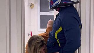 Motoboy fucks pissing woman hard in ladies bathroom till she cums wildly!