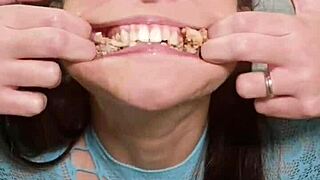 Brunette pigtails fetish girl eats junk food then spits and pukes on big ass natural tits solo!