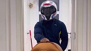 Motoboy fucks pissing woman hard in ladies bathroom till she cums wildly!