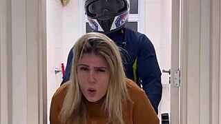 Motoboy fucks pissing woman hard in ladies bathroom till she cums wildly!