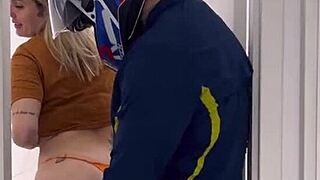 Motoboy fucks pissing woman hard in ladies bathroom till she cums wildly!