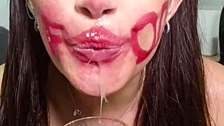 Brunette pigtails fetish girl eats junk food then spits and pukes on big ass natural tits solo!