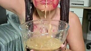 Brunette pigtails fetish girl eats junk food then spits and pukes on big ass natural tits solo!