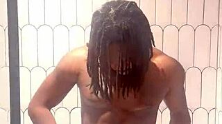 Steamy shower oiling highlights every glistening curve