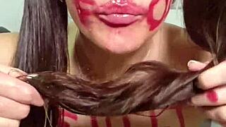 Brunette pigtails fetish girl eats junk food then spits and pukes on big ass natural tits solo!