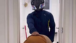 Motoboy fucks pissing woman hard in ladies bathroom till she cums wildly!