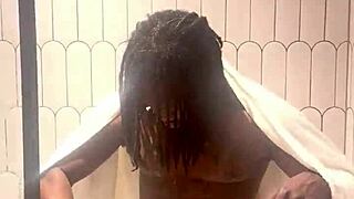 Steamy shower oiling highlights every glistening curve