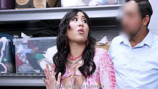 Busty Asian busts guard then blackmails for rough sex