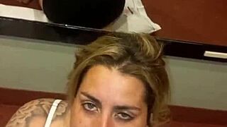 Tattooed girlfriend deepthroats and swallows cum with sloppy licking sounds