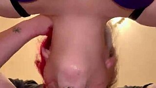 She kneels for a salivating close-up sloppy wet blowjob swallowing cum deep in her throat