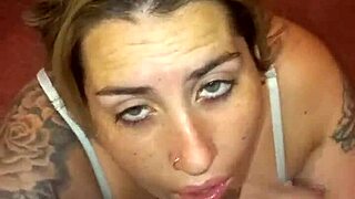 Tattooed girlfriend deepthroats and swallows cum with sloppy licking sounds