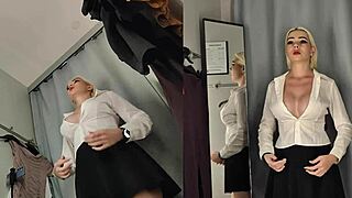 hidden cam catches naked big titted blonde trying see-through clothes upskirt in dressing room