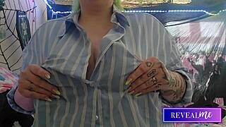 Busty babe lustfully teases clamped tits dildo job