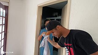 Curly latina moans loudly while pussy gets licked and gaped in bathroom