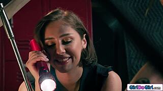 petite redhead lesbian licks brunette's pussy then straps on for face sitting dildo ride