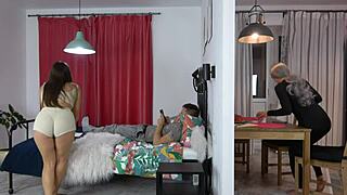 petite teen sneaks blowjob from older guy in kitchen