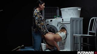 trans shemale stuck in washer grows futa cock for slut's anal creampie