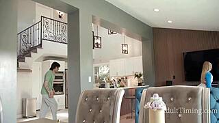 Horny petite babe in tight yoga clothes teases guy watching her sweaty workout then gets fucked