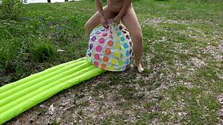 hairy pussy pissed spat fucked beach ball outdoor