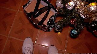 Riding mommy's ass in miniskirt then creampie her gaping hole on christmas