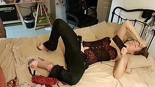 white slut rims sucks and fucks in satin lingerie heels and thong