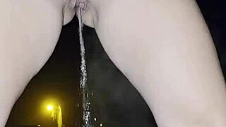 Peeing Outside on Chilly Night Reveals Wet Hairy Pussy