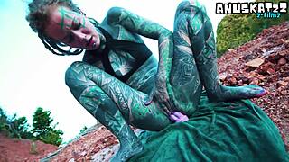 Dildo stretches asshole outdoors until pissing gushes
