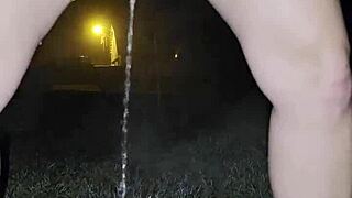 Peeing Outside on Chilly Night Reveals Wet Hairy Pussy