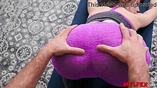 honey milf stretches yoga style then rides cock bareback in garage