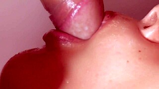 stepsister kneels for brother's close-up cumshot facial blast