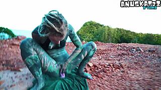 Dildo stretches asshole outdoors until pissing gushes