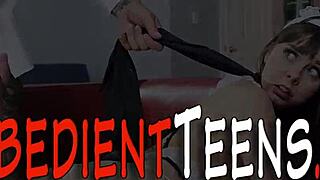 Blindfolded ebony teen bound and gagged on monster black cock with cum in mouth