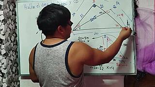 student nerd solves x in steamy math triangle with teacher