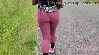 ebony babe big ass in leggings running alone forest trail 😍