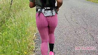 ebony babe big ass in leggings running alone forest trail 😍
