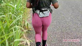 ebony babe big ass in leggings running alone forest trail 😍