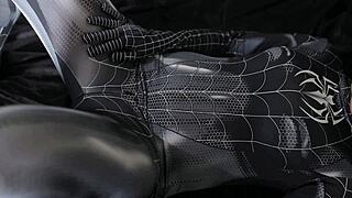 sexy indo spiderman cosplay teen fucks bottle deep in miniskirt