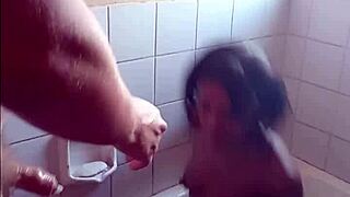 Petite ebony babe gives sloppy blowjob then tight pussy doggystyle in bathroom