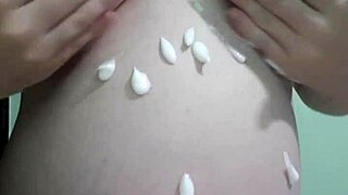 pregnant milf gets creamy massage in lingerie, natural tits oiled up 😍🤰