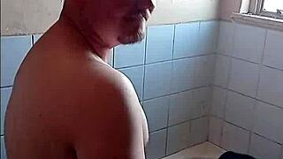 Petite ebony babe gives sloppy blowjob then tight pussy doggystyle in bathroom